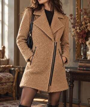 Calvin Klein Asymmetrical Zip Caramel Camel Wool Coat